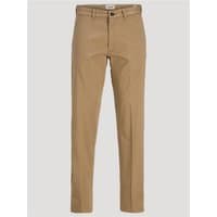 Brown Jack & Jones relaxed fit chino trousers, straight leg, button closure, belt loops, size 34R.