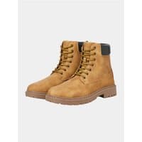 Honey-colored Jack & Jones Wainsworth lace-up boots with black padded collar and rugged sole, size 10.