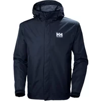 Black Helly Hansen Seven J jacket with hood, front zipper, and white HH logo on chest.