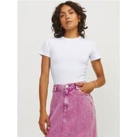 White Jjxx Gigi Baby Tee, short sleeves, fitted style, worn by model with pink skirt.