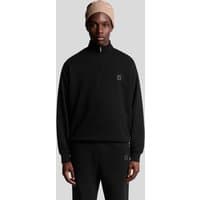 Jet black Lyle & Scott men's 1/4 zip sweatshirt with embroidered logo on chest, ribbed cuffs, and high collar.