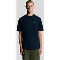 Dark navy oversized cotton crew neck t-shirt with short sleeves and yellow logo on chest.