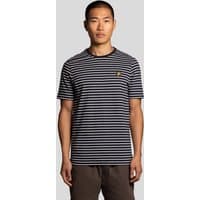 Navy Lyle & Scott men's T-shirt with white Breton stripes and embroidered yellow logo on chest.