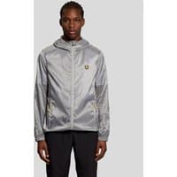 Grey Lyle & Scott men's lightweight training jacket with hood, zipper front, and yellow logo on chest.