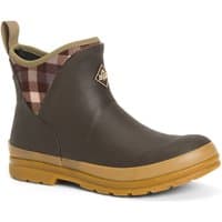 Brown plaid print ankle wellingtons with tan sole and pull tab by Muck Boots, UK size 5.