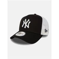 Navy and white New Era trucker cap with mesh back, curved brim, and embroidered NY logo on front.