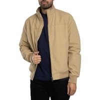 Beige nylon Harrington jacket by Superdry, featuring a high collar and zip closure, worn over a dark shirt.