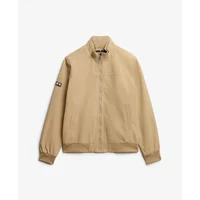 Beige nylon Superdry Harrington jacket with ribbed cuffs, collar, and hem, featuring a small logo patch on the sleeve.