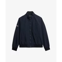 Navy blue nylon Superdry Harrington jacket with zip closure, ribbed cuffs, and collar.