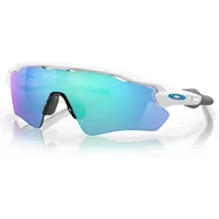 Oakley Radar EV Path sunglasses, polished white frame, Prizm Sapphire lenses, sleek wraparound design.