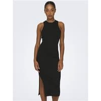 Black midi dress with sleeveless design, high neckline, and side slit, fitted silhouette, size XS.