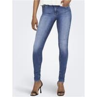 Mid-rise skinny jeans in medium blue denim with subtle fading, five-pocket design, and button closure.