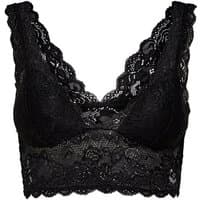 Black lace bralet with scalloped edges, floral patterns, and wide straps, size M.