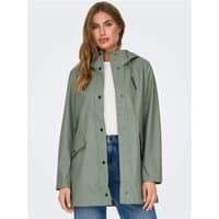 Agave green raincoat with hood, front snap buttons, and large pockets, worn by a model over a white top and jeans.