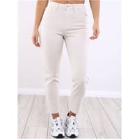 High waist straight jeans in stone/ecru, featuring a button closure, belt loops, and ankle-length cut.