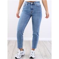Denim ankle-length straight fit jeans with high waist, classic five-pocket design, worn with white sneakers.