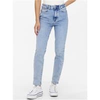 Light blue stretch jeans with high waist, slim fit, and ankle length, worn with white sneakers.