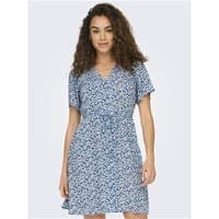 Provincial blue short dress with V-neck, short sleeves, and tie waist, featuring a white abstract pattern.