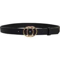 Black faux leather belt with gold double ring buckle, size XS.