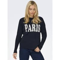 Dark navy pullover knit with "PARIS" in white block letters, long sleeves, and relaxed fit.