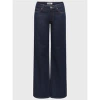 Dark blue denim low waist wide leg jeans with front pockets and button closure, size 29R.