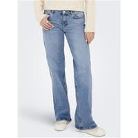 Light blue low waist wide leg jeans with button closure, worn with a beige sweater and white sneakers.