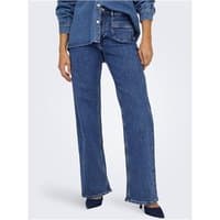 Dark blue denim wide leg jeans with high waist, button fly, and front pockets, styled with matching denim top.