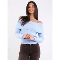 Kentucky Blue off-shoulder knit sweater, XS, with a folded neckline and long sleeves.
