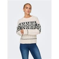 White knit pullover with black geometric pattern, long sleeves, ribbed cuffs, and hem, worn by model.