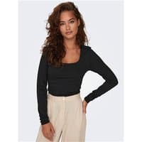 Black Only Lea 2-Way Deep Neck Top, long sleeves, fitted design, worn by model with beige pants.