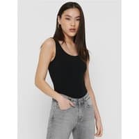 Black tank top with scoop neckline and fitted design, worn by model with light gray jeans.