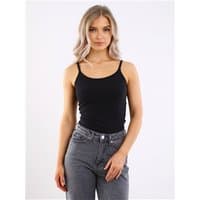 Black strap singlet, fitted design, scoop neckline, worn by model with light hair, paired with gray jeans.