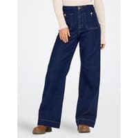 Dark blue wide-leg denim jeans with large front pockets, high waist, and copper button details.