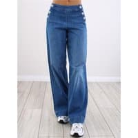Medium blue denim wide-leg jeans with high waist, button details, and straight fit.
