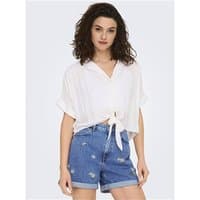 White short-sleeve tie-front shirt with collar, loose fit, and lightweight fabric, size XS.