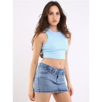 Light blue cropped tank top, sleeveless, ribbed texture, round neckline, fitted style, size XL.