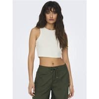 White cropped tank top, sleeveless with a high neckline, worn by a model, paired with dark green pants.