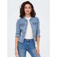 Blue denim jacket with button front, chest pockets, and long sleeves, worn by a model over a white top and jeans.