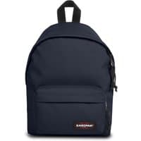 Ultra marine Eastpak backpack, compact size, front zip pocket, black handle, and logo patch on the front pocket.