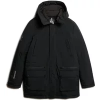 Black padded parka by Superdry with hood, front zipper, and two large front pockets.