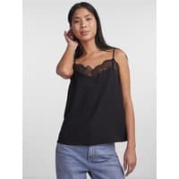 Black lace-trimmed camisole top with thin straps and loose fit, worn by a model with long hair.