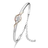 18K white and rose gold plated bracelet with intertwined heart design and adjustable chain clasp.