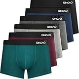 QINCAO Boxer Shorts Mens 6 Pack, cotton trunks in black, gray, teal, burgundy, with no itchy labels, branded waistband.