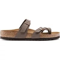 Brown Birkenstock Mayari sandals with cork footbed, adjustable straps, and black sole.