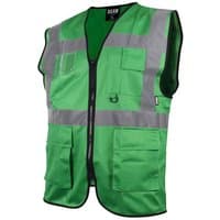 Hi-Vis green utility waistcoat with reflective stripes, multiple pockets, and front zipper, size XL (46in).