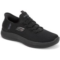 Black Skechers Slip-ins: Summits SR trainers with mesh upper, elastic laces, and logo on the side.