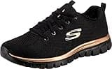 Black mesh sneaker with rose gold trim, Skechers logo, lace-up design, and cushioned sole, size 5 UK.