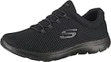 Black Skechers women's sneaker with mesh upper, black trim, and lace-up design.
