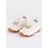 White Steve Madden Possession-E trainers with chunky gum soles and lace-up design, featuring a sleek, modern silhouette.