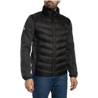 Black and gray Superdry Storm Knit Hybrid Padded Jacket with quilted front, knit sleeves, and high collar.